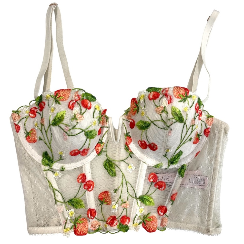 Victoria’s Secret Strawberry Floral Embroidered Bustier Corset Top 32B Coquette - Picture 8 of 11
